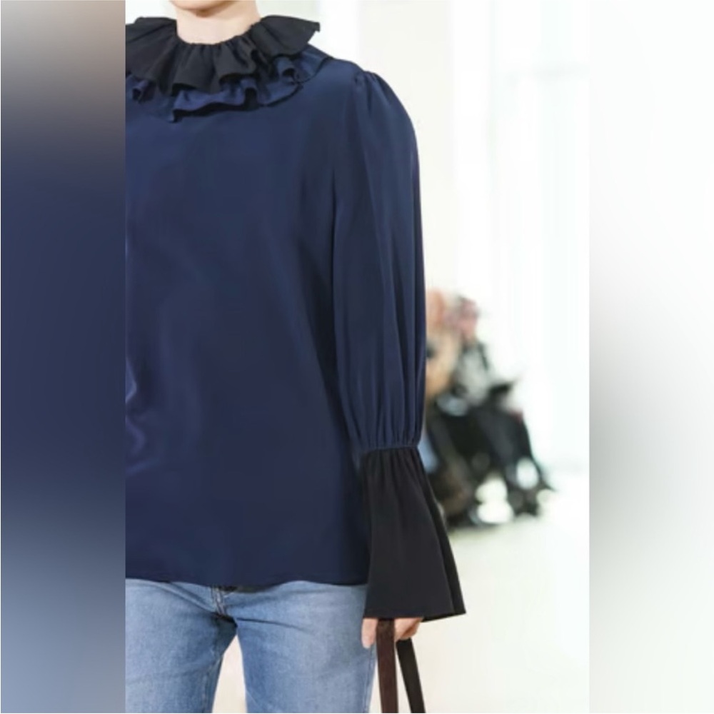 Tory Burch Ruffle Neck Blue and Black Blouse